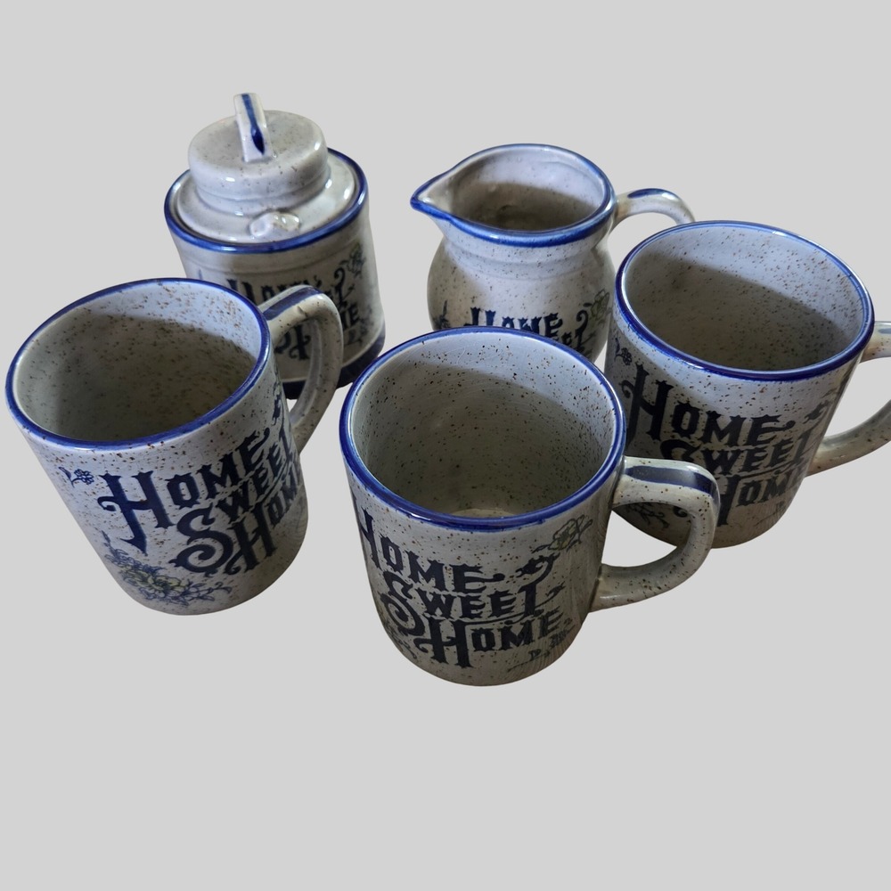 Vintage Home Sweet Home Stoneware Set 3 Mugs Creamer Sugar Bowl Farmhouse Rustic